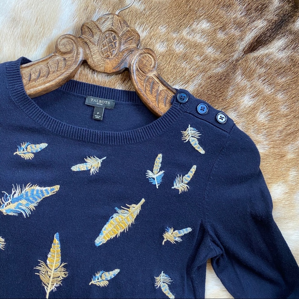 TALBOTS Navy Blue Embroidered Feather Sweater